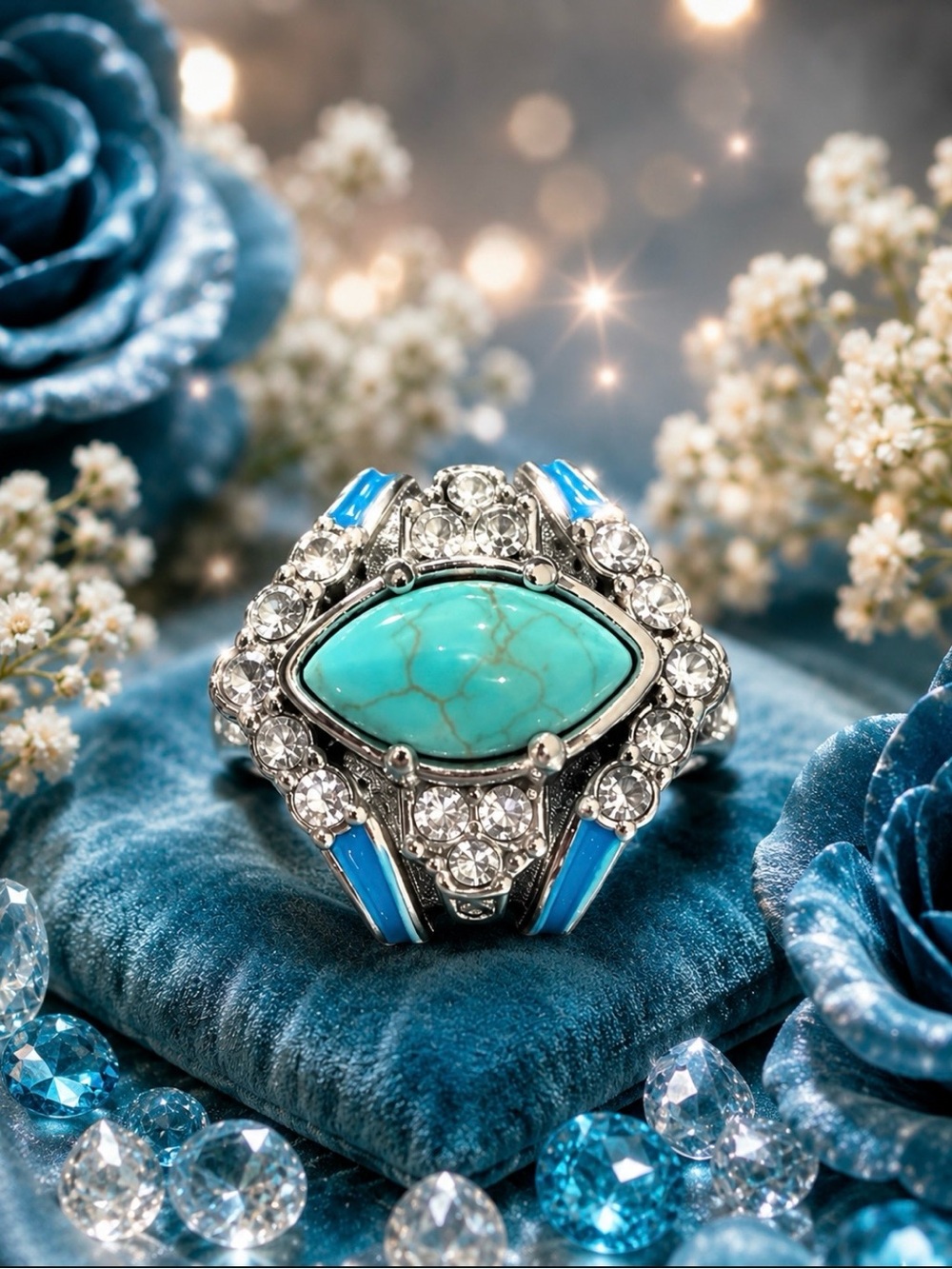 Turquoise Marquise Cluster Statement Ring - Blue Silver Tone